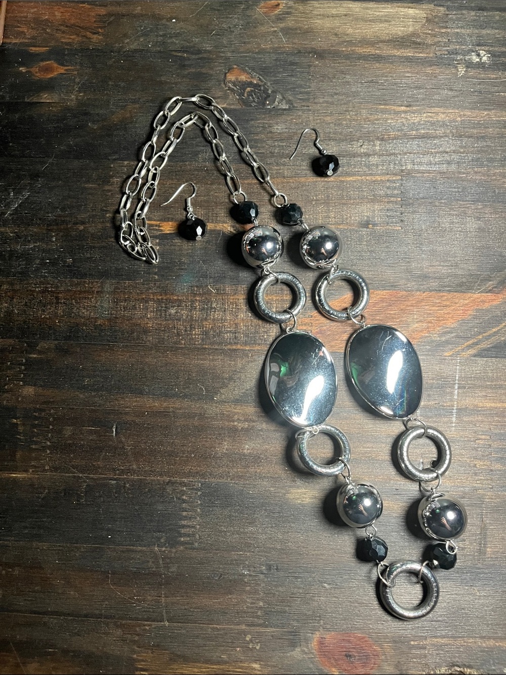 Silver-Tone Oval & Ring Statement Necklace with Black Bead Accents - Picture 1 of 3